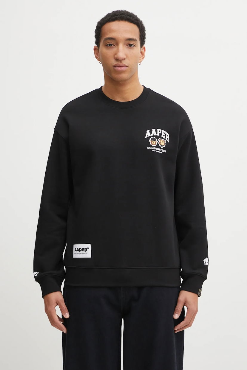Суитчър AAPE by A Bathing Ape Aaper Crew Neck Sweatshirt Черно | AAPSWMC366XXP