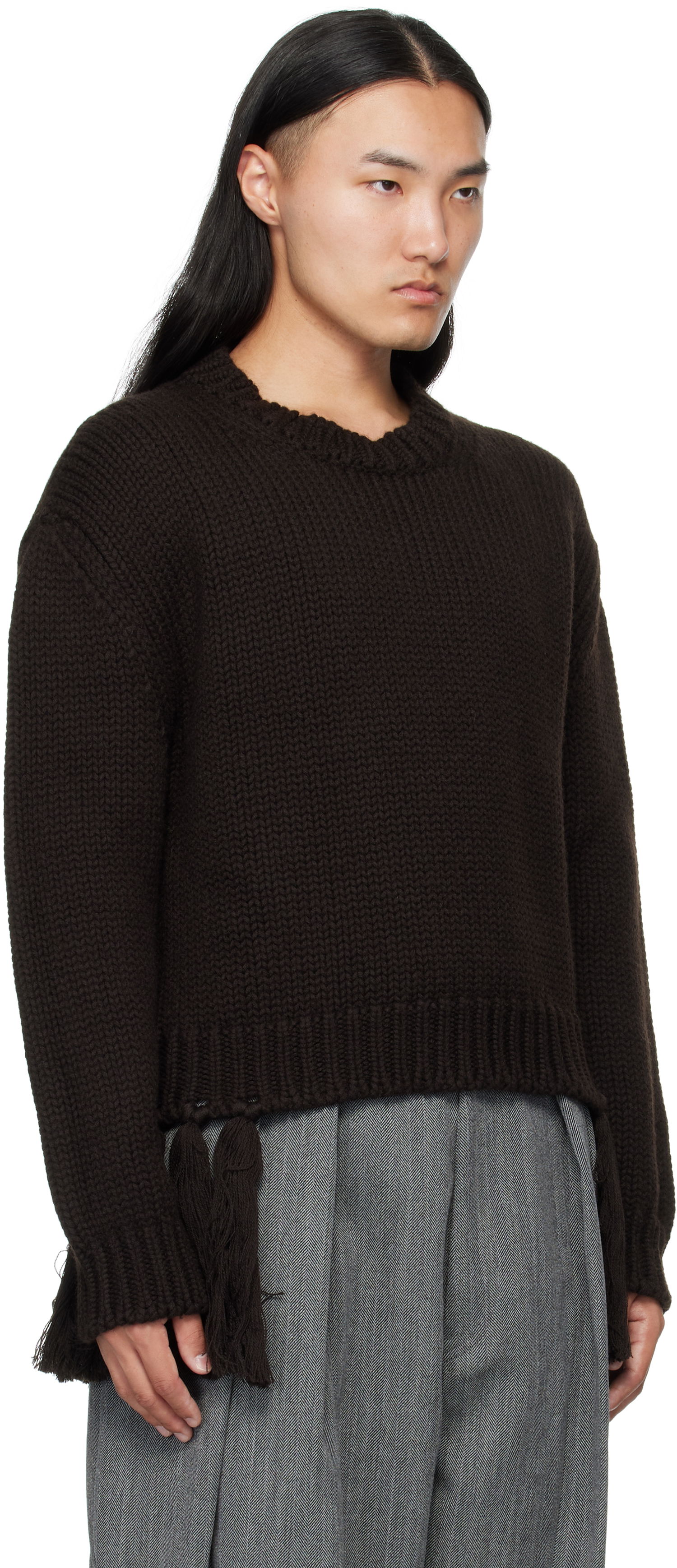 Пуловер HED MAYNER Hed Mayner Knit Crewneck Sweater with Tassels Кафяво | HMMB75099A-HB619, 1