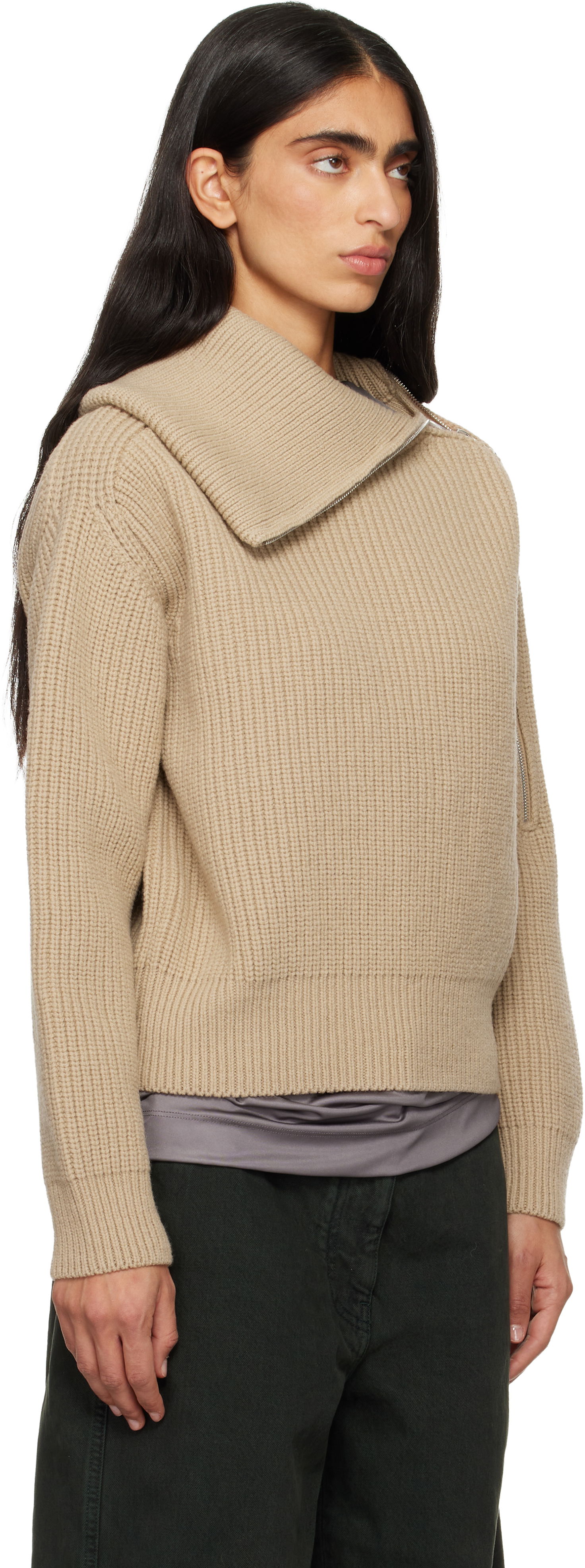 Пуловер Dries Van Noten Dries Van Noten Ribbed Wool Knit Sweater with Asymmetric Zipped Collar Бежово | 252-011235-2707, 1