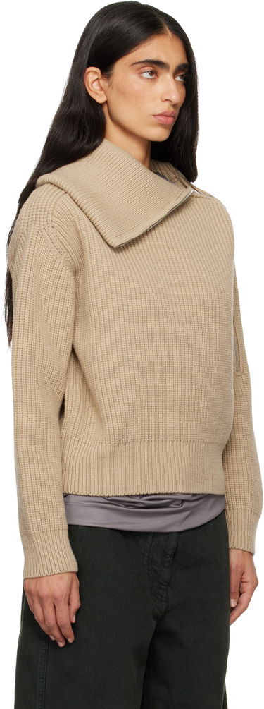 Пуловер Dries Van Noten Dries Van Noten Ribbed Wool Knit Sweater with Asymmetric Zipped Collar Бежово | 252-011235-2707, 1