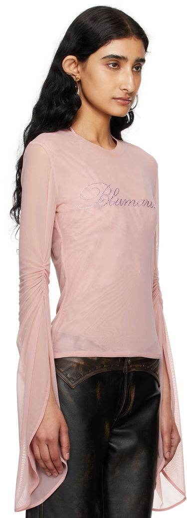 Тениска Blumarine Blumarine Crystal-Embellished Mesh Long Sleeve T-Shirt Розово | P444T029A, 1