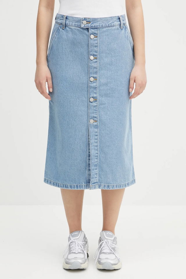 Colby Button-Front Denim Midi Skirt with Front Pockets