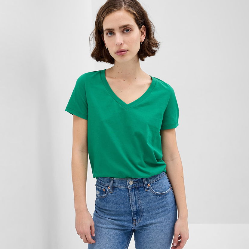 Тениска GAP T-Shirt Basic V-Neck Tee Lovely Emerald Зелено | 740140-50