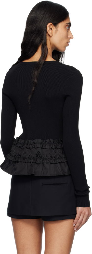 Пуловер GANNI Ribbed Tie-Front Ruffled Knit Cardigan Черно | K2510, 2