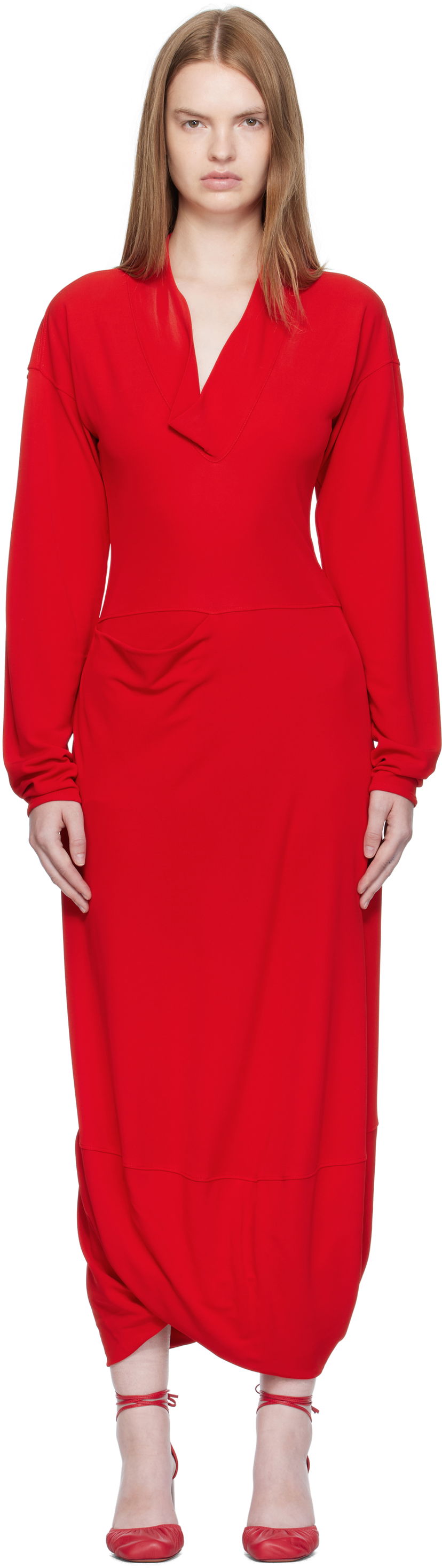 Pокля LEMAIRE LEMAIRE V Neck Maxi Dress Червено | DR1127 LJ1040