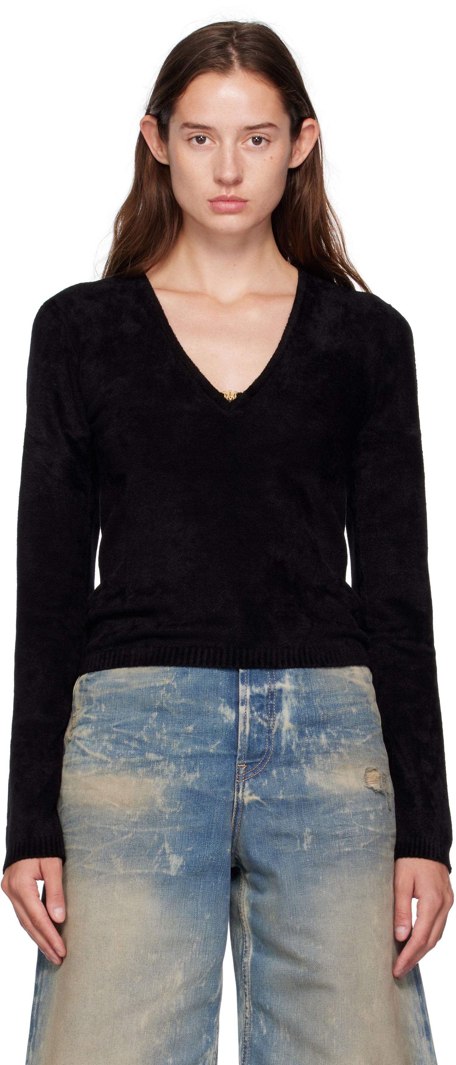 Пуловер AMIRI AMIRI Velvet V-Neck Long Sleeve Top Черно | AWKNLS1008, 0