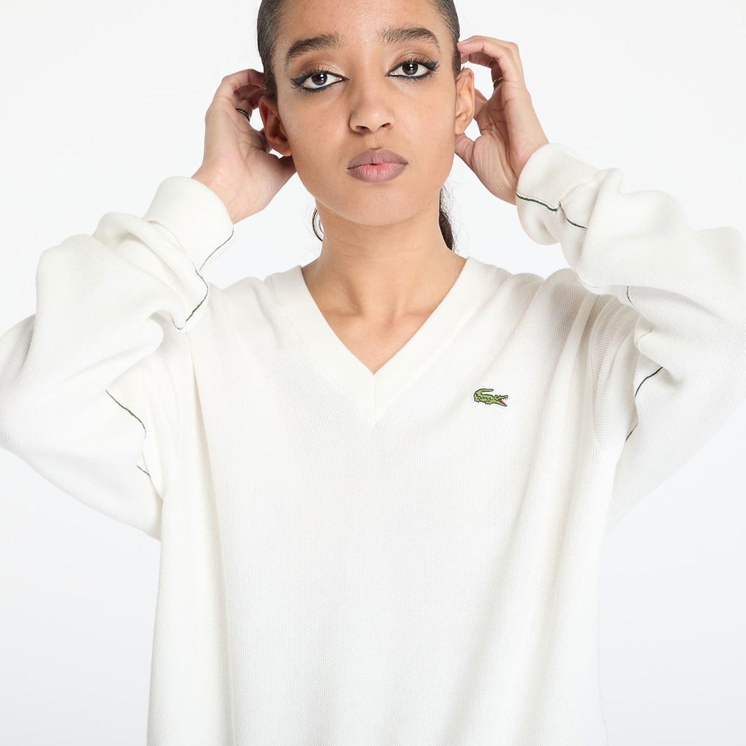 Пуловер Lacoste Lacoste Moss Stitch V-Neck Sweater Бяло | AF5622 70V, 1