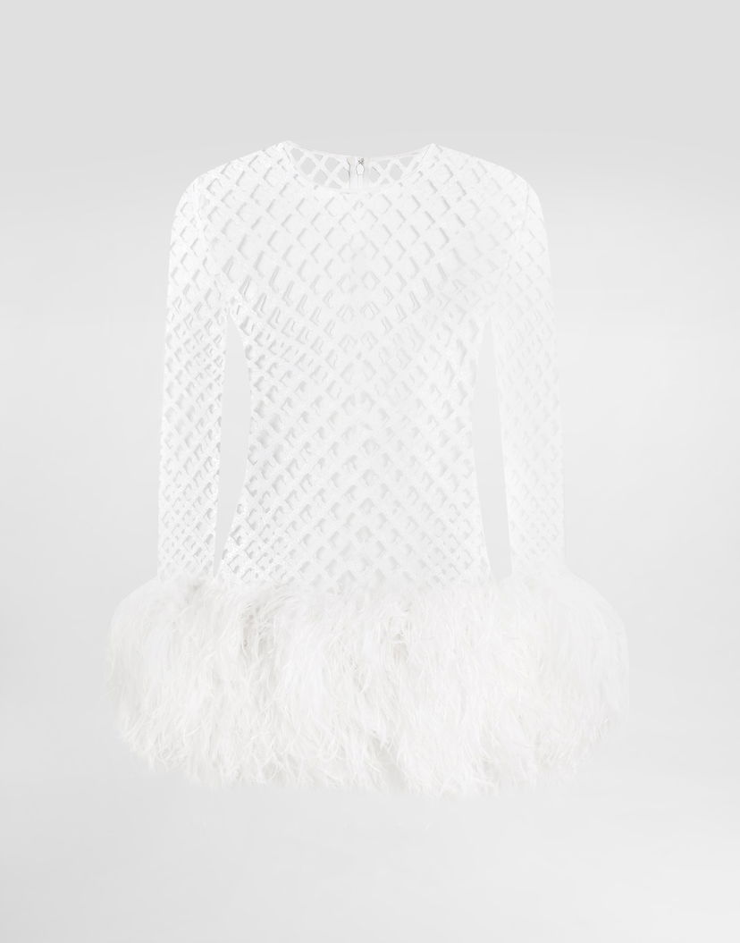 Pокля Dolce & Gabbana Dolce & Gabbana Short Sequin Mesh Feather Trim Dress Бяло | F60FCZFLSLDW0800