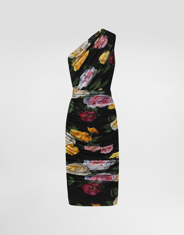 Dolce & Gabbana One-Shoulder Tulle Midi Dress with Rose Print