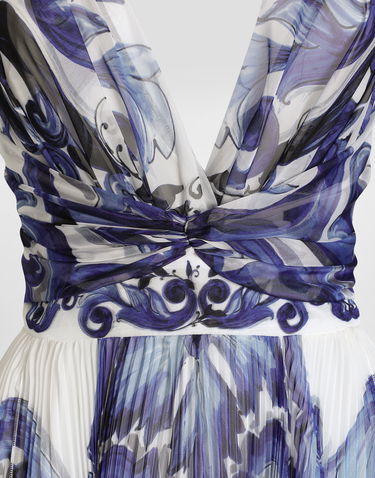 Pокля Dolce & Gabbana Dolce & Gabbana Majolica-Print Pleated Chiffon Dress Синьо | I6KH6WFSSK7HX3TN, 2