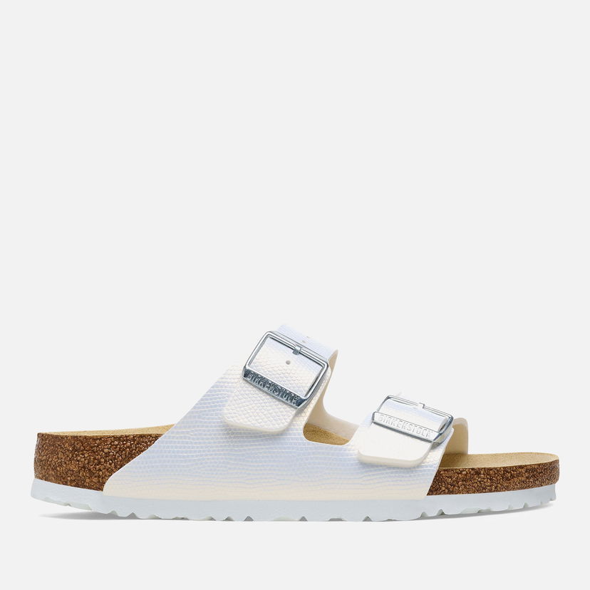 Кецове и обувки Birkenstock Women's Arizona Slim Fit Shiny Lizard Emboss Double Strap Sandals - White - UK 3.5 Сиво | 1026500