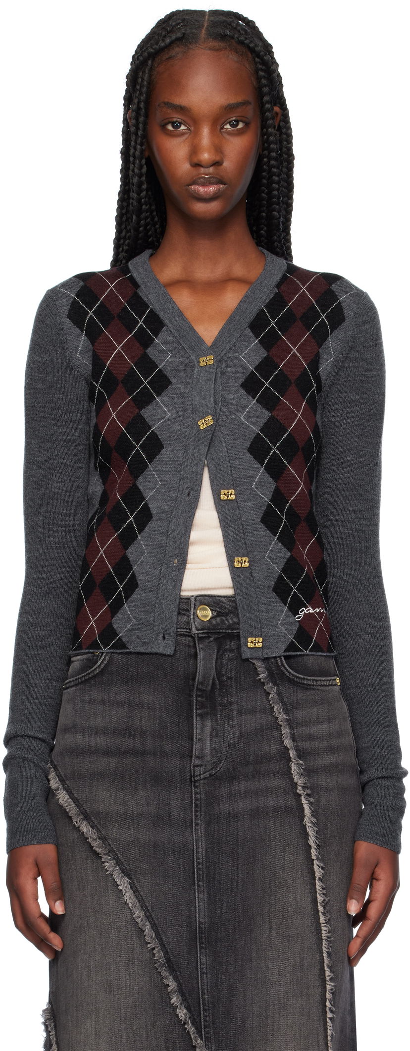 Пуловер GANNI Argyle Jacquard Knit Cardigan Сиво | K2284