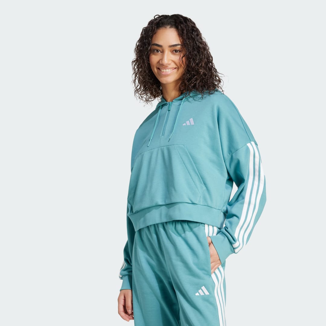 Суитчър adidas Performance Essentials 3-Stripes French Terry Quarter-Zip Hoodie Тюркоазено | JX7677, 0