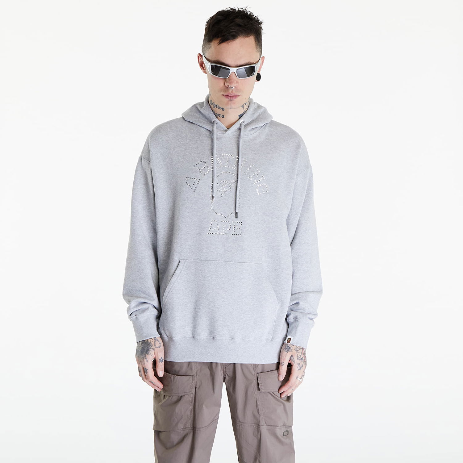 Суитчър BAPE A BATHING APE Rhinestone College Pullover Hoodie Gray Сиво | 001PPK301306M GRA, 0