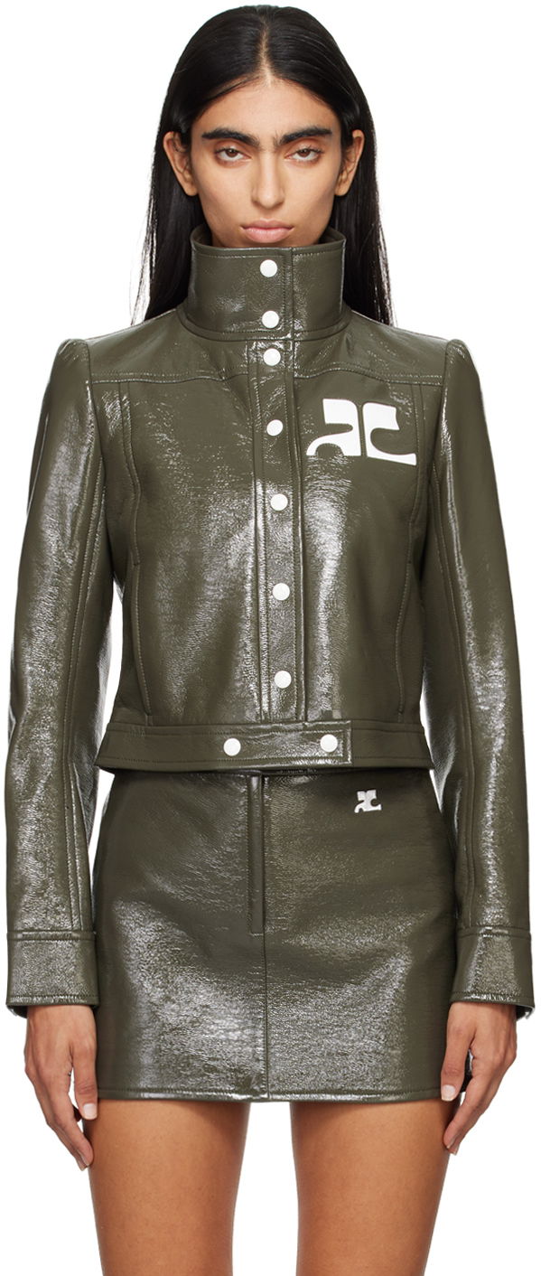 Яке бомбър Courrèges Courrèges Reedition Cropped Faux-Leather Jacket Зелено | 223CBL005VY0014