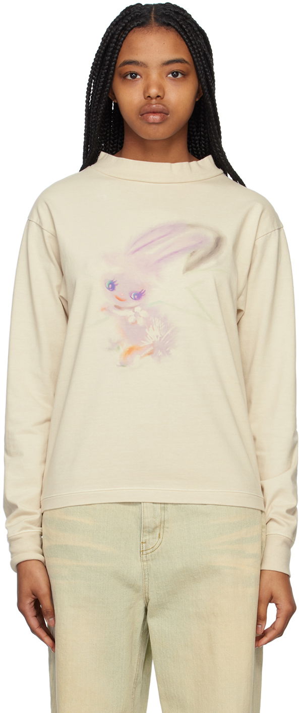 Пуловер We11done We11done Crewneck Long Sleeve T-Shirt with Bunny Print Бежово | WD-TT1-23-792-U-IV, 0