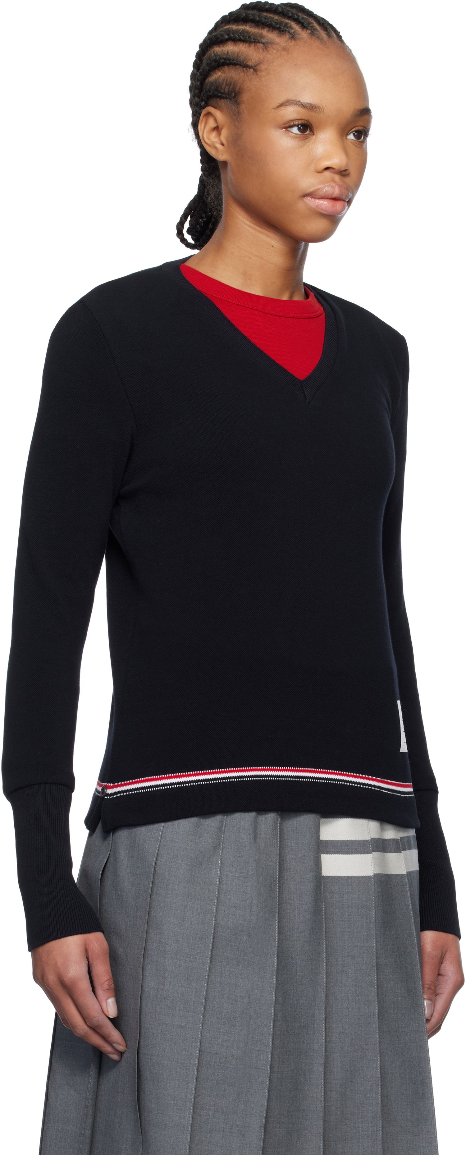 Пуловер Thom Browne Thom Browne Cotton Pique V-Neck Sweater Тъмно синьо | FJS194A-J0185, 1