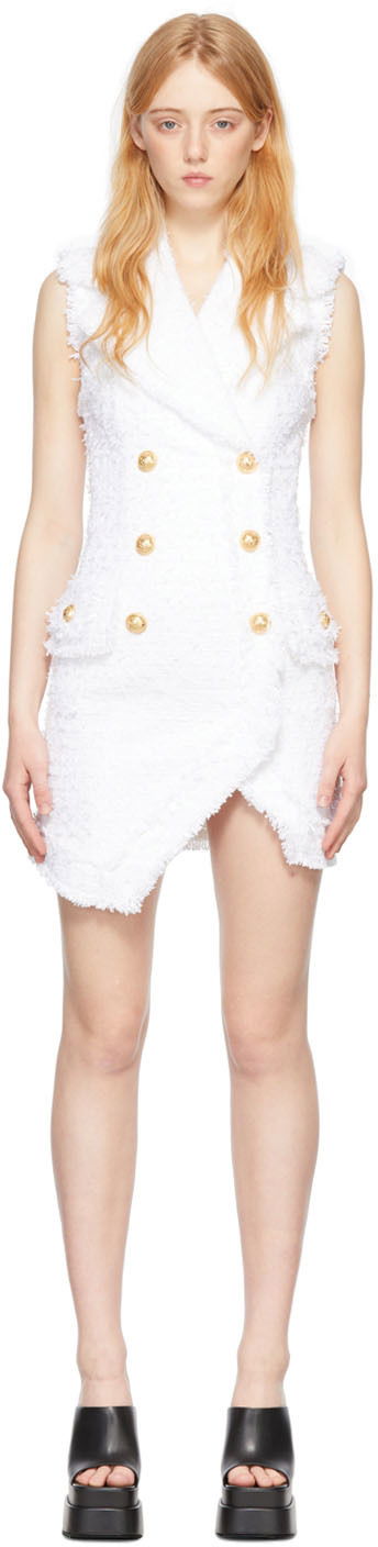 Pокля Balmain Balmain Asymmetric Tweed Short Dress Бяло | XF1R5400CB76, 0