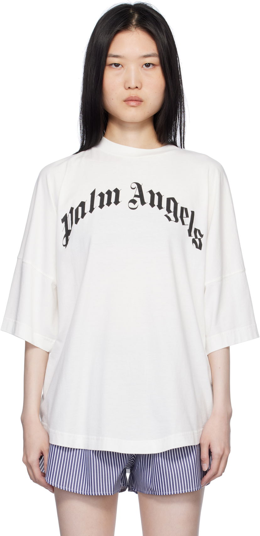 Тениска Palm Angels Curved Logo Loose T-Shirt Бяло | PWAA023S25JER0010310