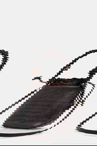 Дамска чанта GANNI Bou Braided Handle Crocodile-Embossed Drawstring Bucket Bag Кафяво | A6697, 2