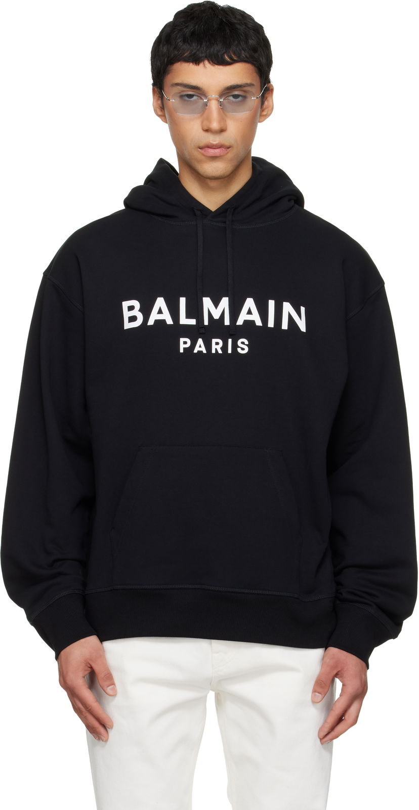 Суитчър Balmain Balmain Printed Cotton Hoodie Черно | GH1JR007BD45