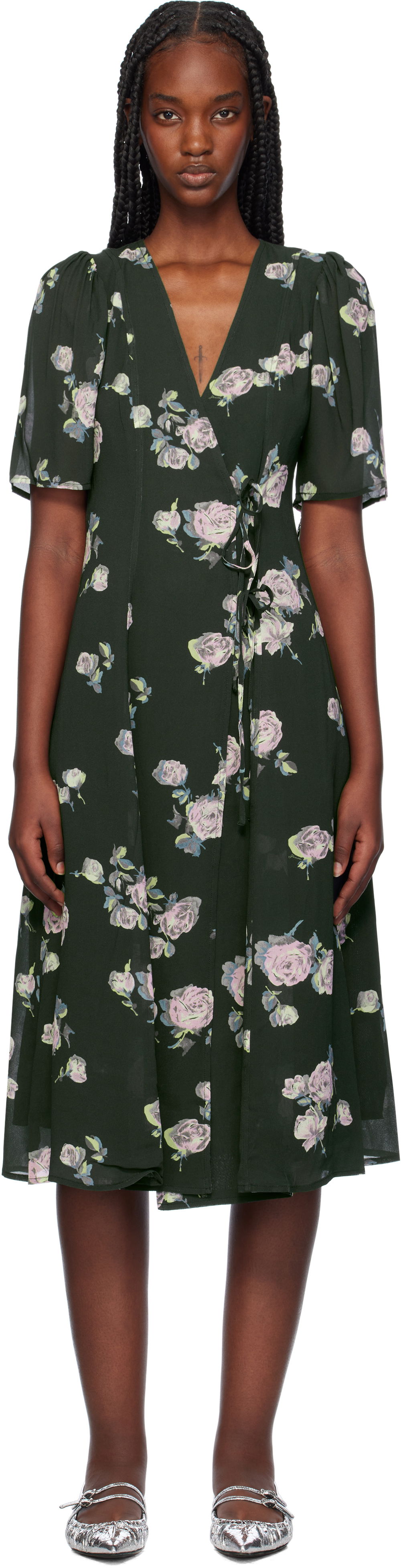 Pокля GANNI Floral Crepe Wrap Midi Dress Зелено | F9504, 0