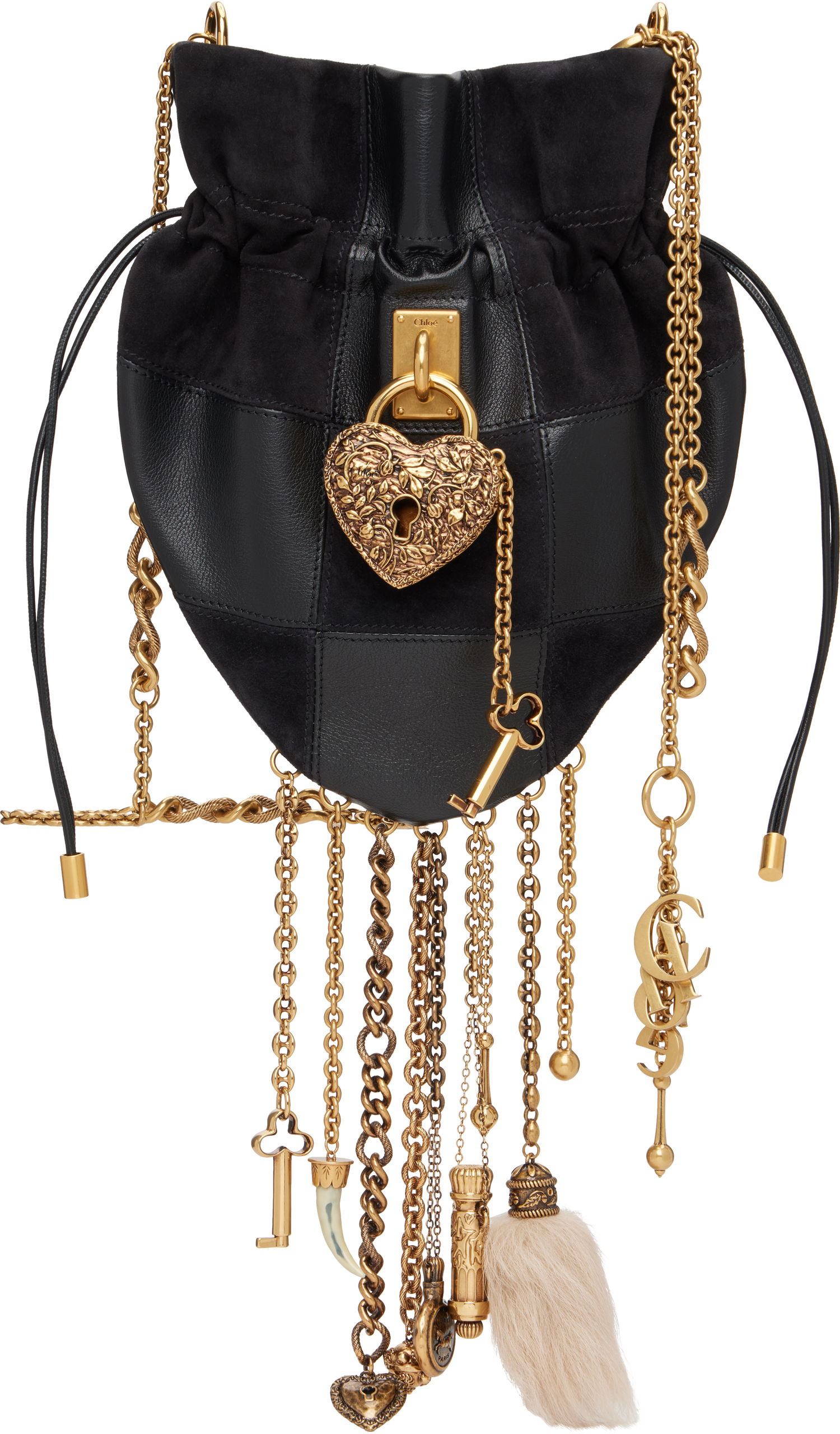 Дамска чанта CHLOÉ Château Treasures Charm-Embellished Drawstring Crossbody Bag Черно | CH25WS712Q24, 0