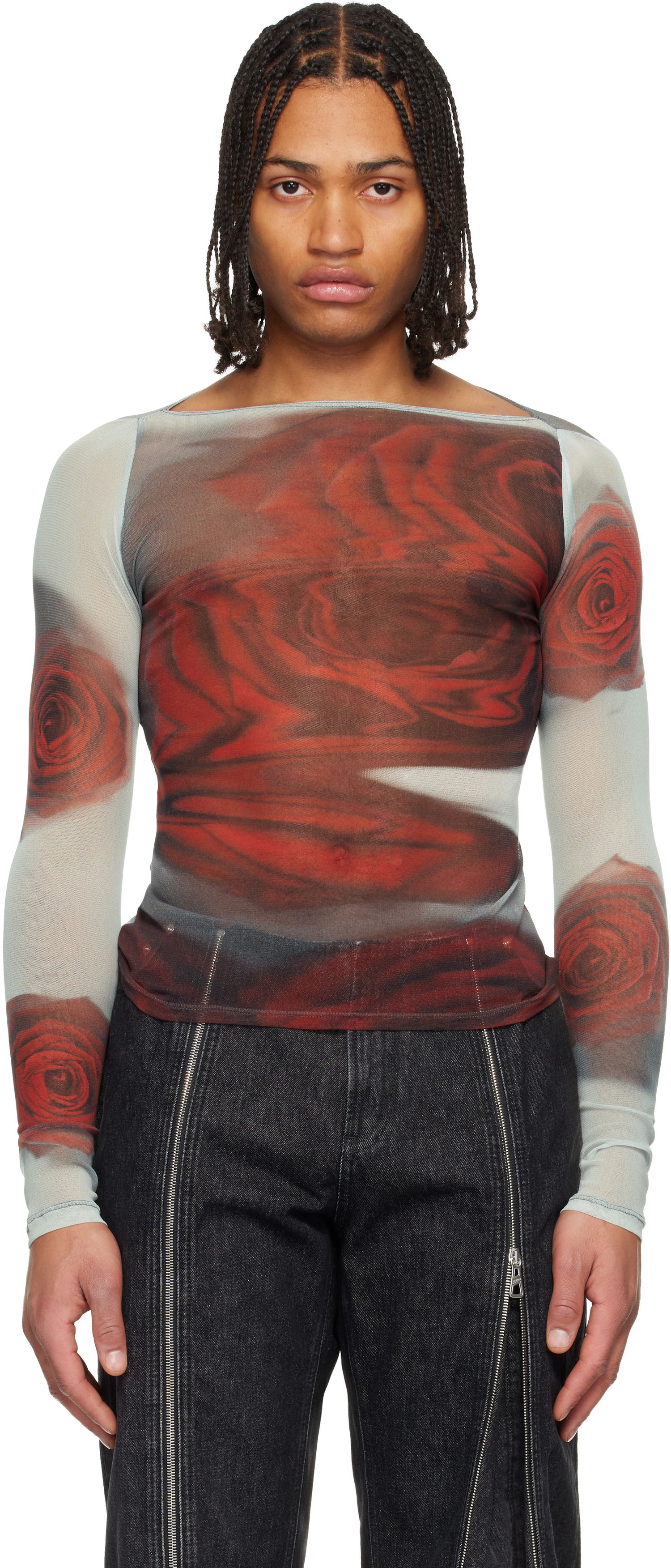 Тениска Jean Paul Gaultier The Blurry Roses Long-Sleeve Mesh Boat-Neck T-shirt Многоцветен | 25/04-W-TO352-M011P-010230, 0