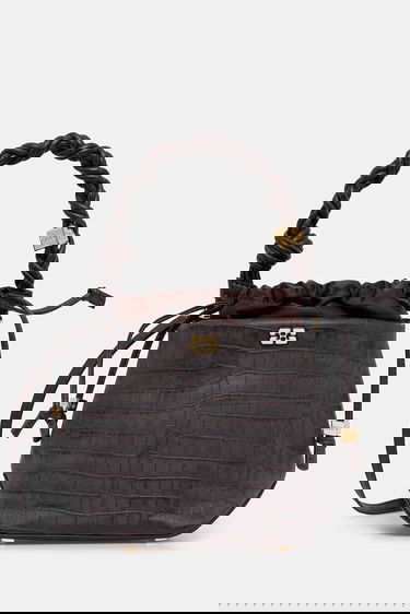 Дамска чанта GANNI Bou Braided Handle Crocodile-Embossed Drawstring Bucket Bag Кафяво | A6697, 0