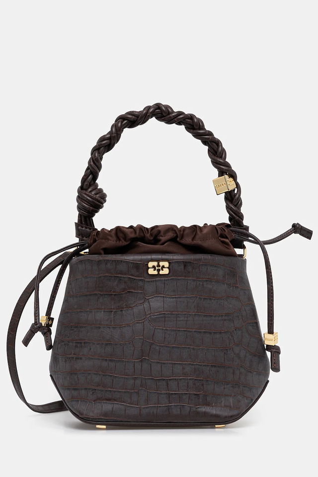 Bou Braided Handle Crocodile-Embossed Drawstring Bucket Bag