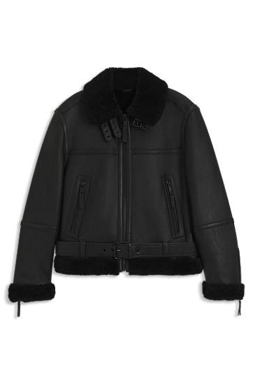 Яке BOSS Aviator Leather Jacket with Shearling Trims and Belted Waist Черно | 50546494, 0