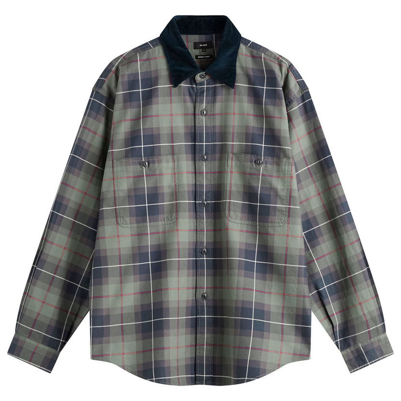 Риза BEAMS Corduroy Collar Check Work Shirt, Size Small Зелено | 1111-1242-803-67