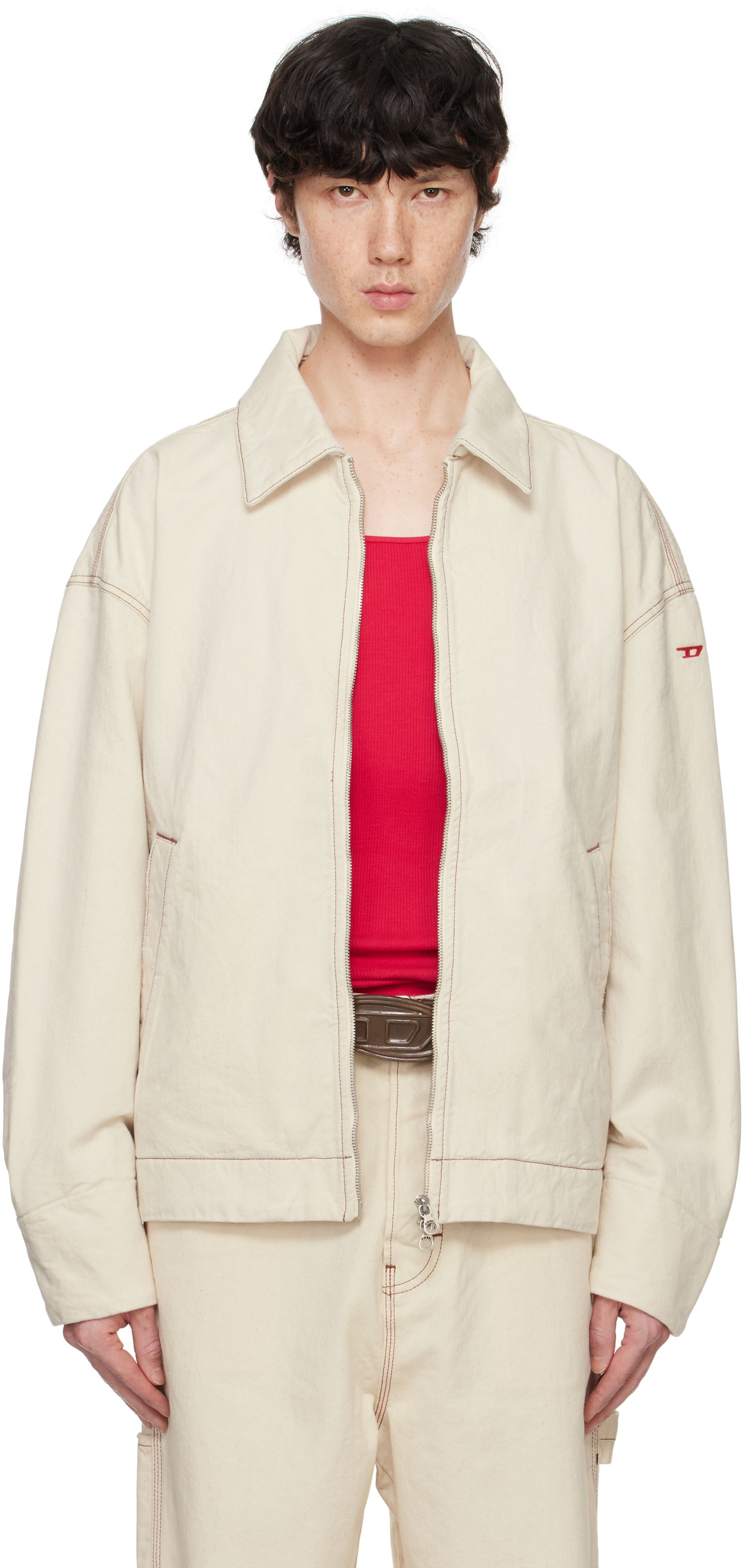 Яке бомбър Diesel Men's Off-White Zip-Up Workwear Jacket Бяло | A13429-0GRDQ-100, 0