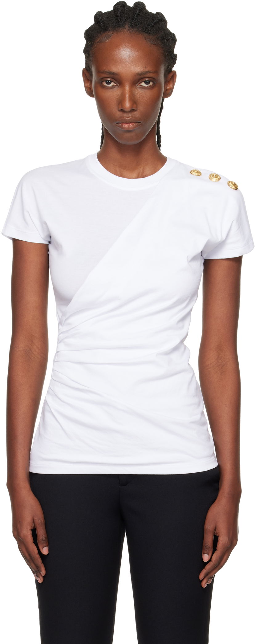 Тениска Balmain Balmain Short-Sleeved Draped Jersey T-shirt with Buttons Бяло | FF0EF002GF23