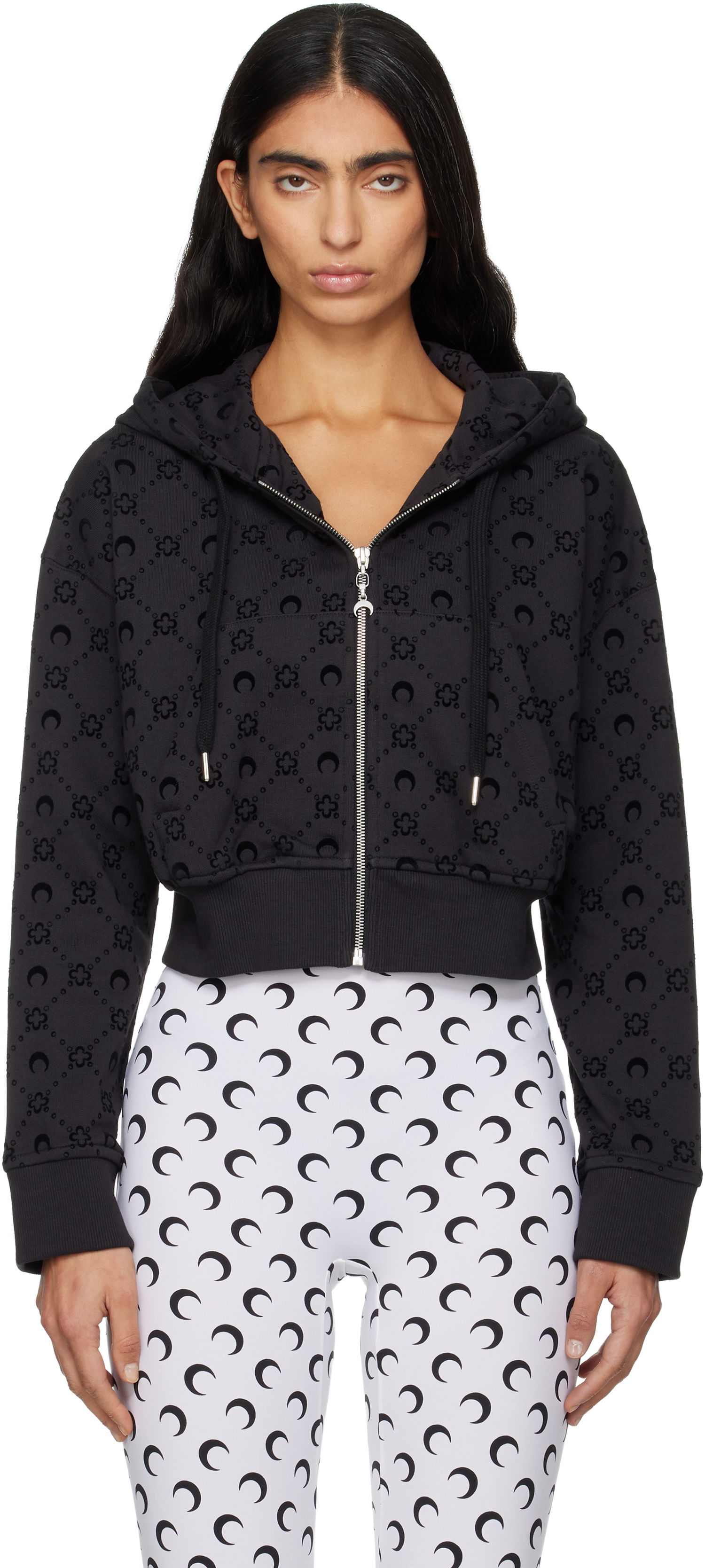 Суитчър Marine Serre Marine Serre Moonogram Flocked Fleece Cropped Zipped Hoodie Черно | WST019ACJER0089, 0