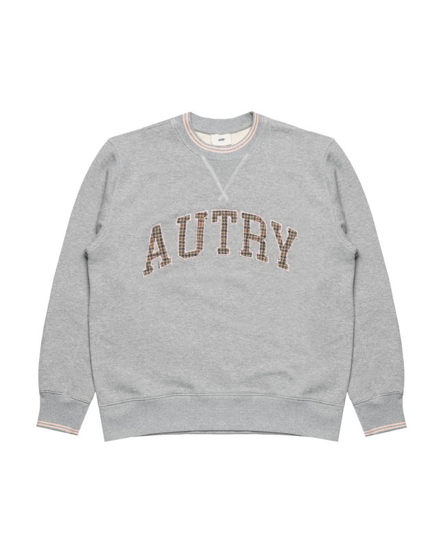 Crew Neck Plaid Appliqué Sweatshirt with Striped Rib Trims