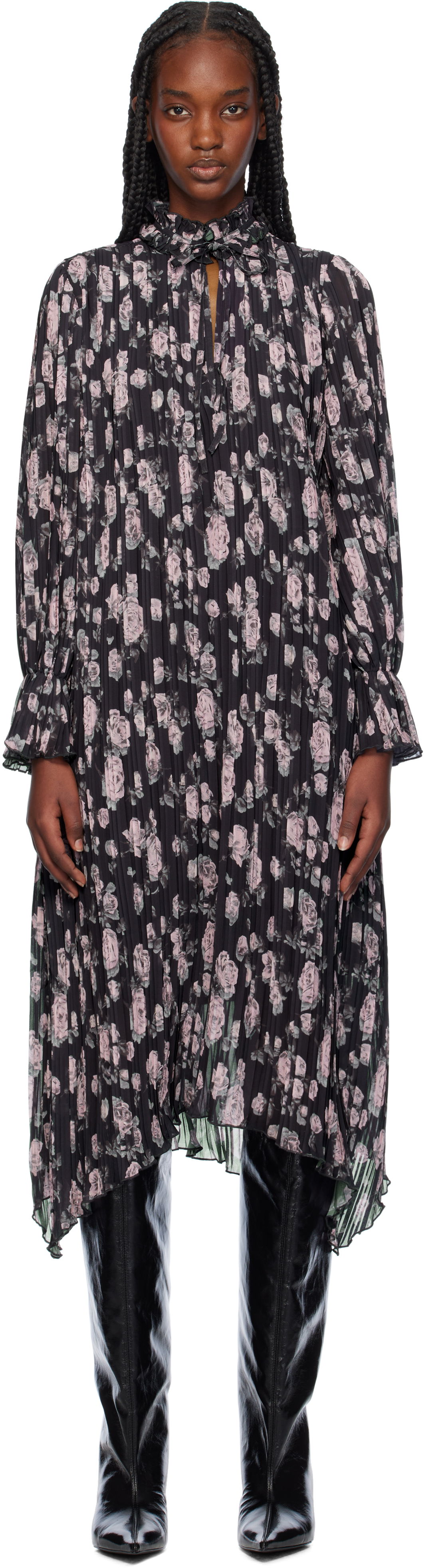 Pокля GANNI Floral Print Pleated Midi Dress Черно | F9551, 0