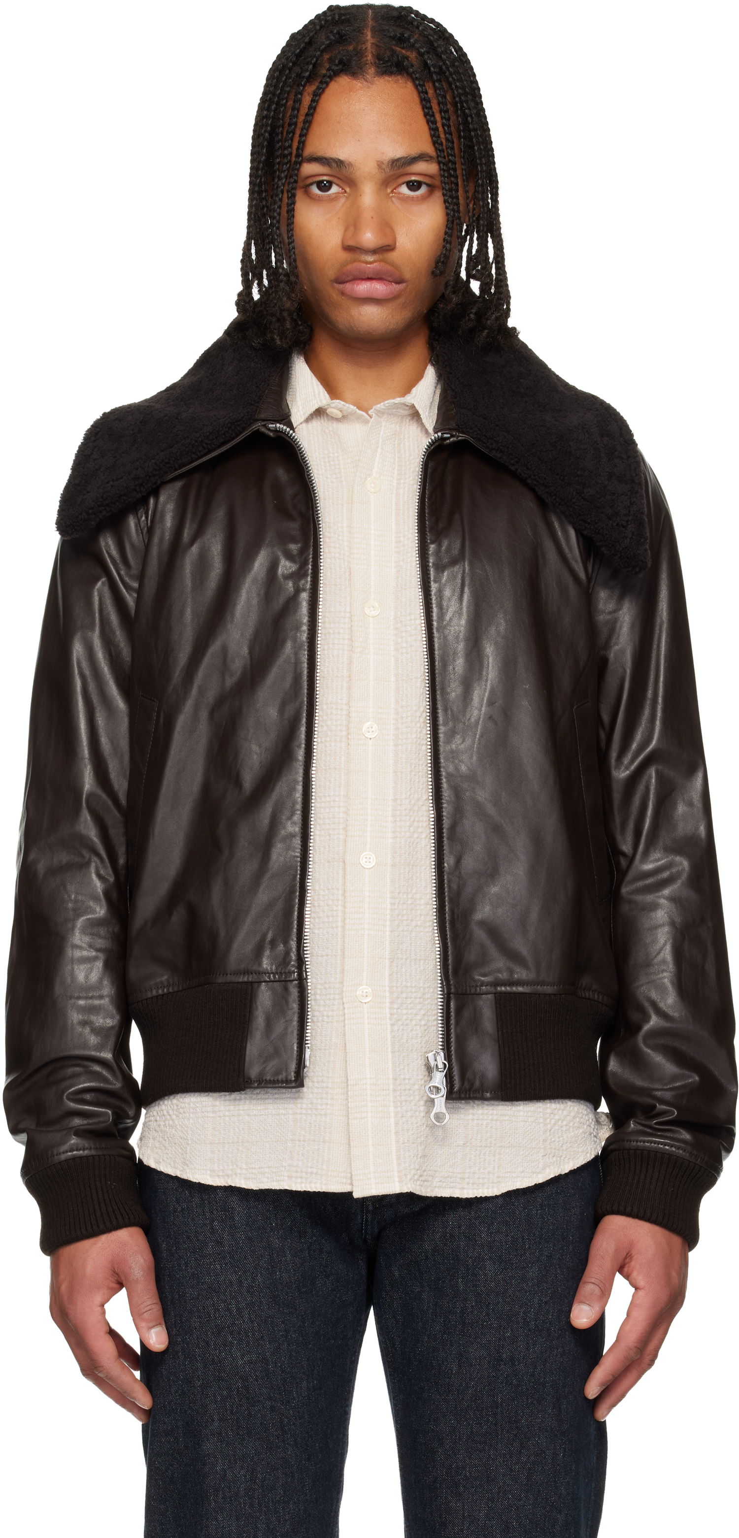 Яке бомбър OUR LEGACY Pharos Shearling Collar Leather Bomber Jacket Кафяво | M4259PU, 0