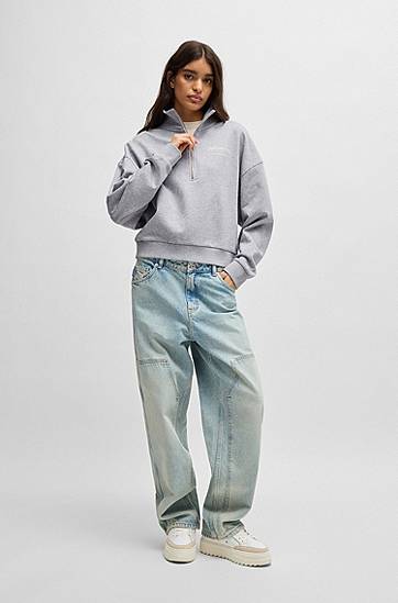 Суитчър BOSS Cotton Terry Zip-Neck Sweatshirt Сиво | 50531192, 1