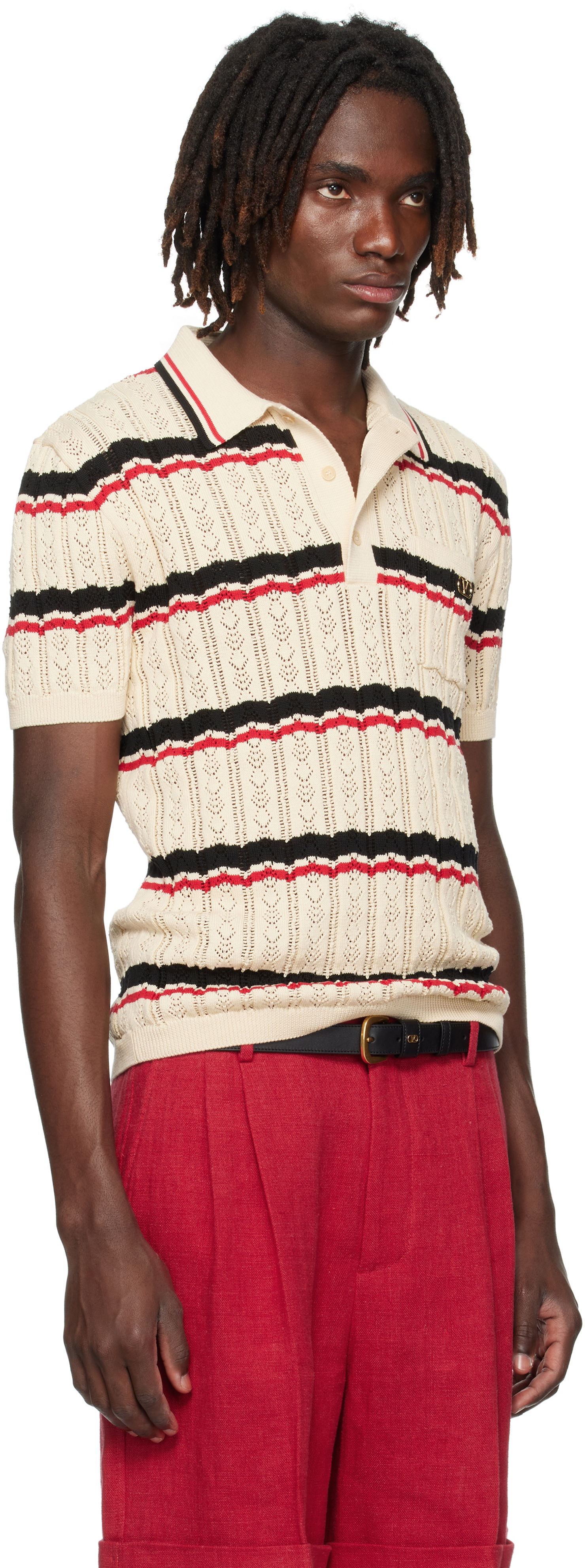 Поло тениска Valentino Valentino Striped Knit Polo Бежово | 7V3KP03XB0S, 1