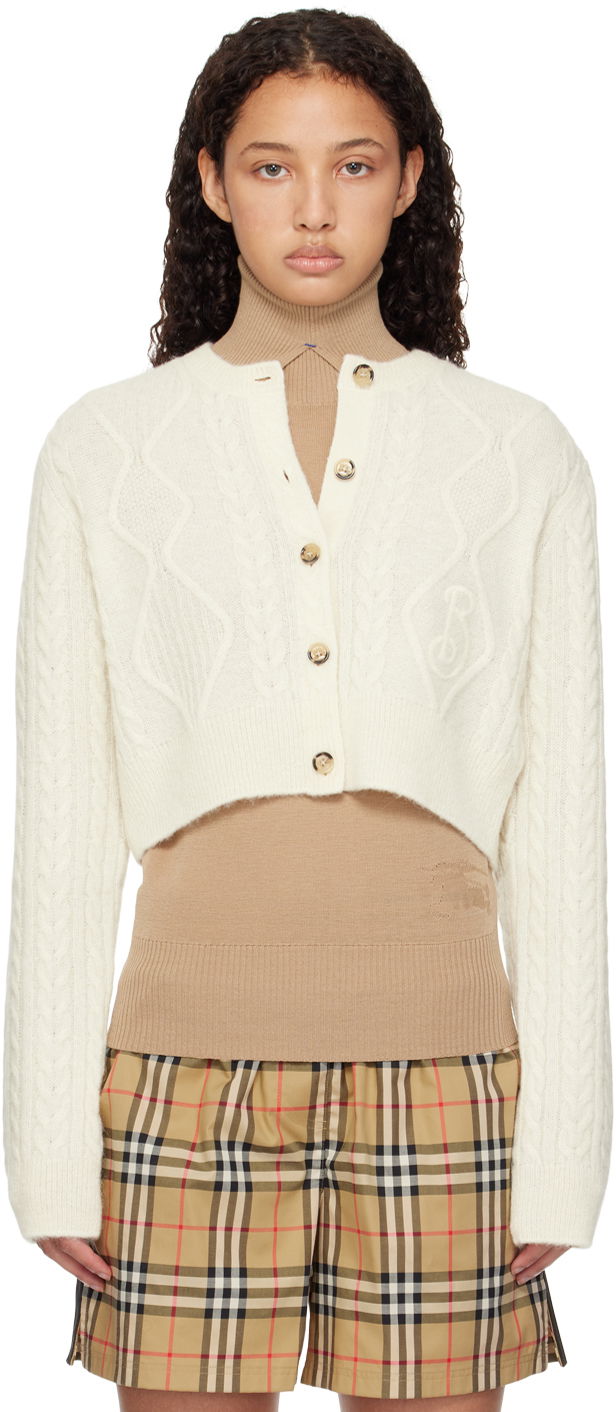 Пуловер Burberry Burberry Cropped Aran Wool Blend Cardigan Бяло | 8097967, 0