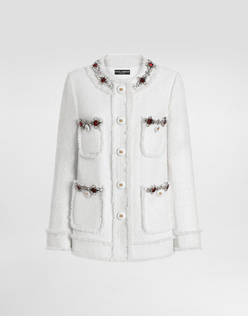 Яке Dolce & Gabbana Dolce & Gabbana Single-breasted Tweed Jacket With Jewel Embroidery Бяло | F29TPZGDCAWW3789