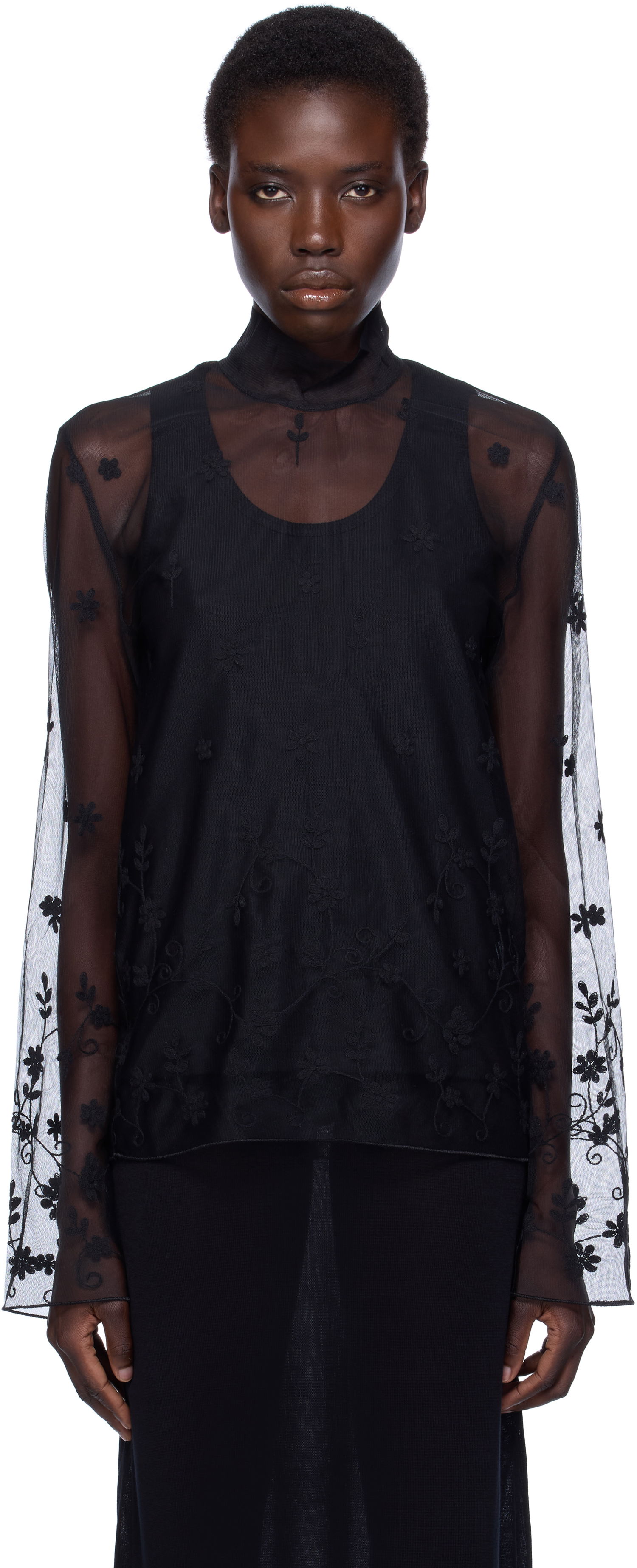 Риза TOTEME TOTEME Floral Tulle Mock Neck Blouse Черно | 253-WRT0546-FB0431, 0