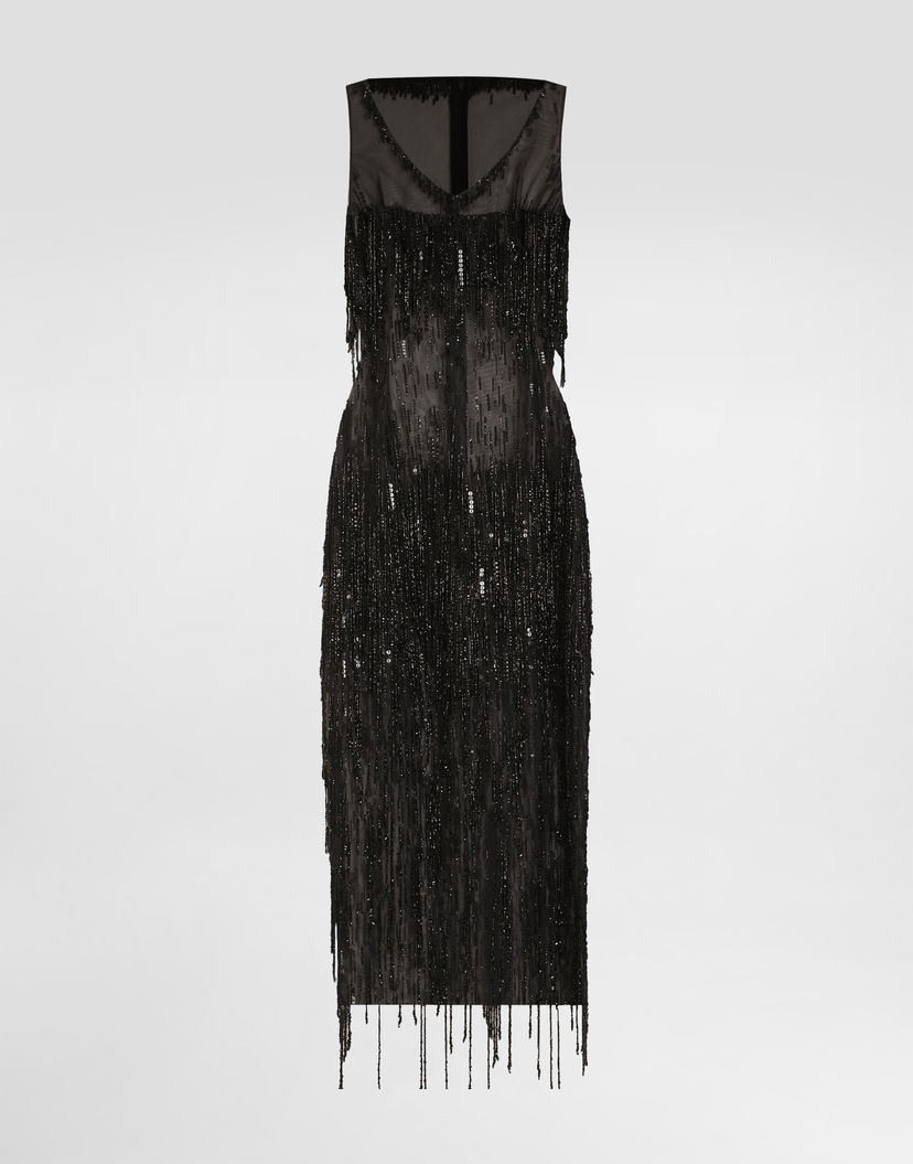 Pокля Dolce & Gabbana Dolce & Gabbana Sleeveless Calf-Length Marquisette Dress with Sequined Fringing Черно | F6TPBZGDC1DN0000
