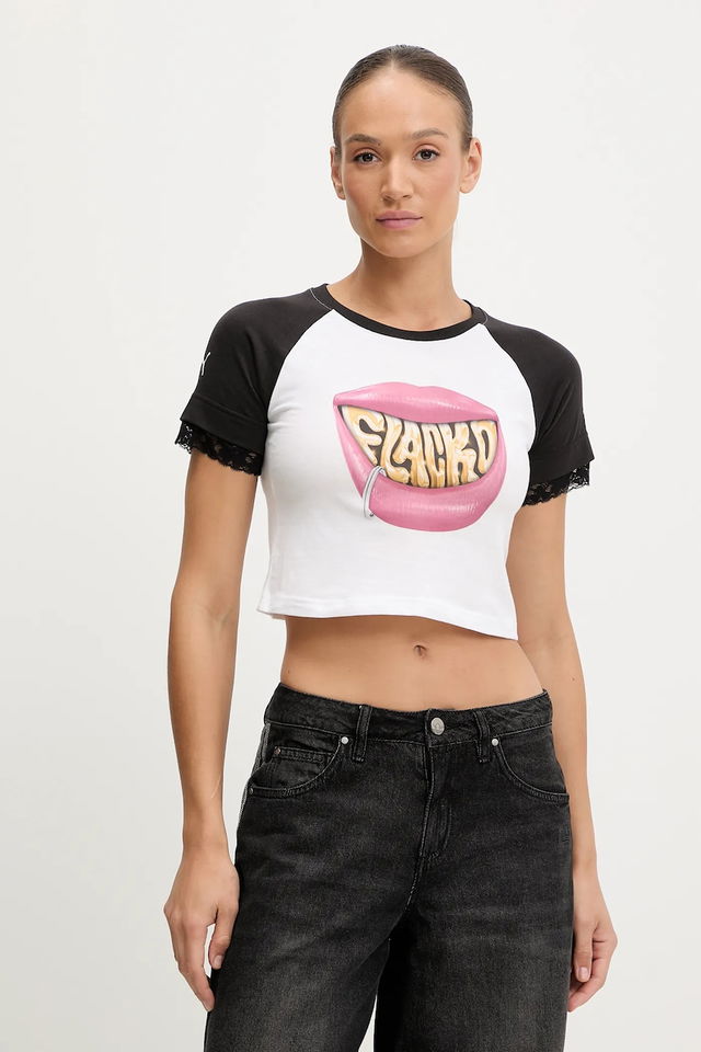 PUMA x A$AP ROCKY Graphic 'FLANKD' Lip Print Cropped Raglan T-Shirt with Lace Trim