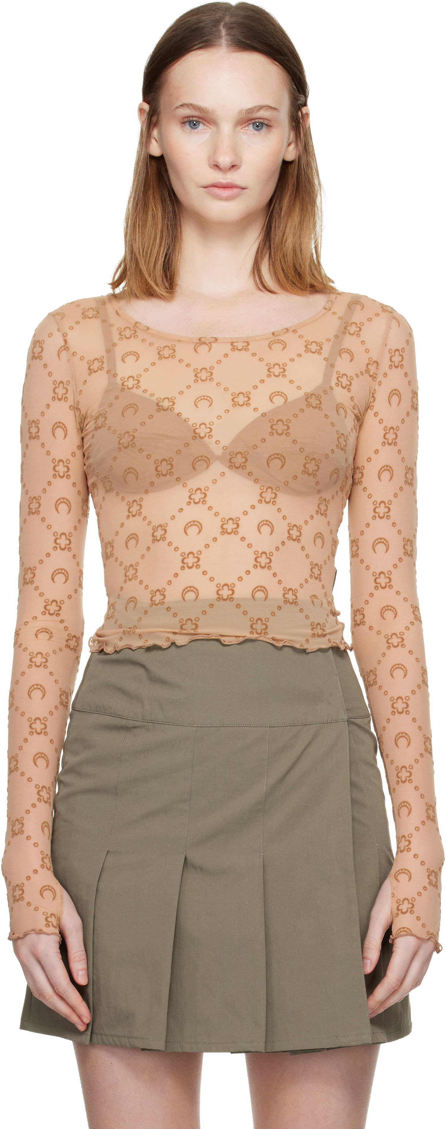 Съкратен топ Marine Serre Moonogram Mesh Flock Long Sleeve Cropped Top Бежово | WTS012S CJER0005, 0
