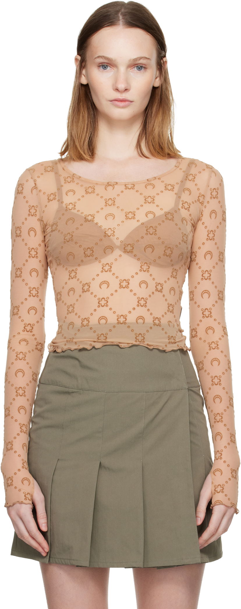 Съкратен топ Marine Serre Moonogram Mesh Flock Long Sleeve Cropped Top Бежово | WTS012S CJER0005