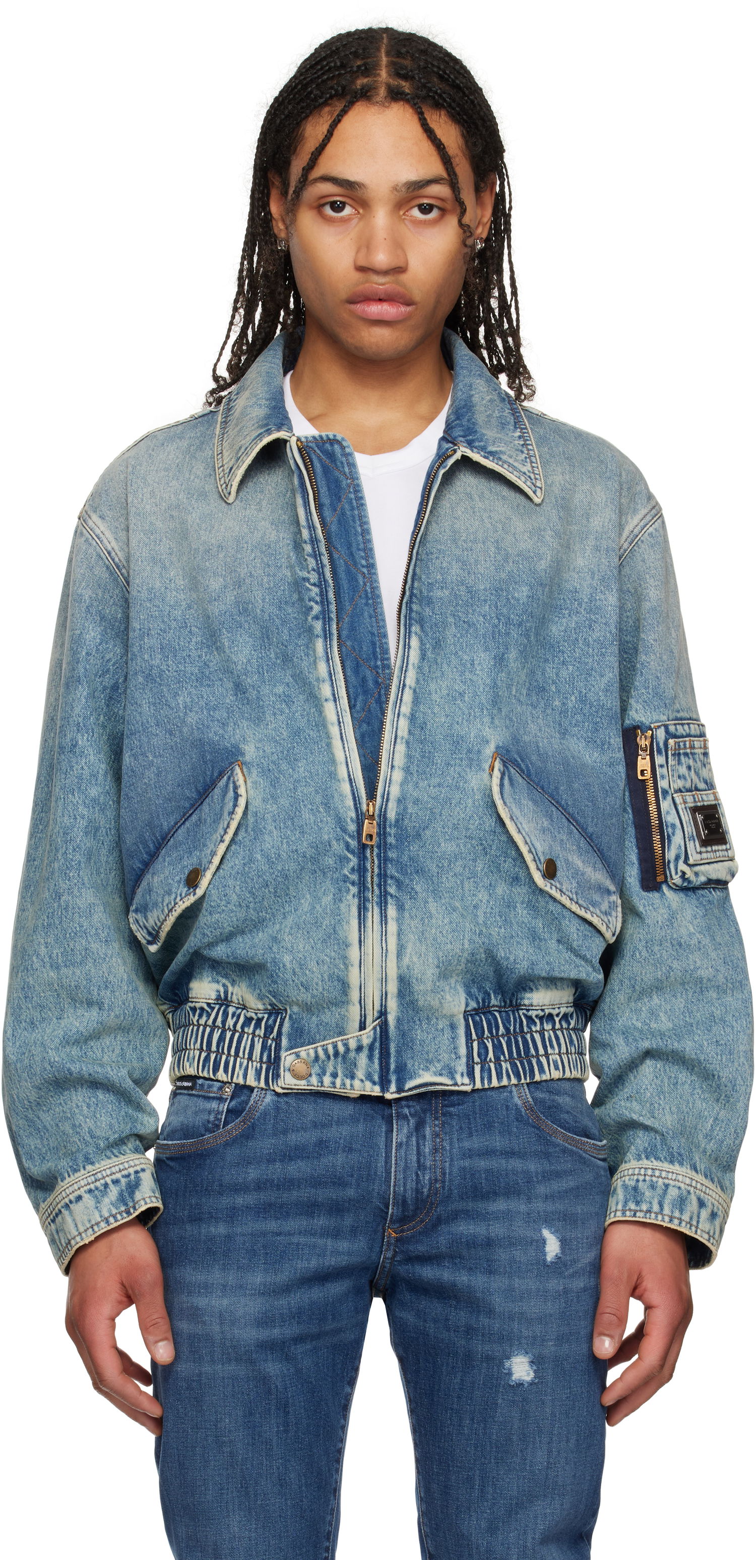 Яке бомбър Dolce & Gabbana Dolce&Gabbana Tag Denim Bomber Jacket Синьо | G9BKNDG8ME5, 0