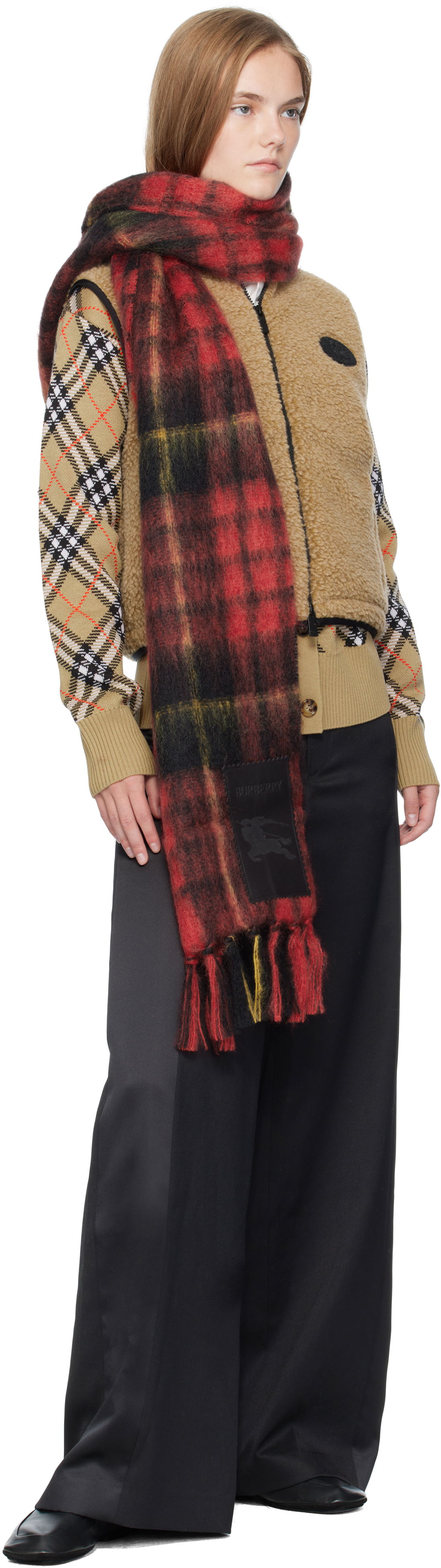 Шал Burberry Burberry Check Mohair and Wool Scarf Червено | 8114096, 1