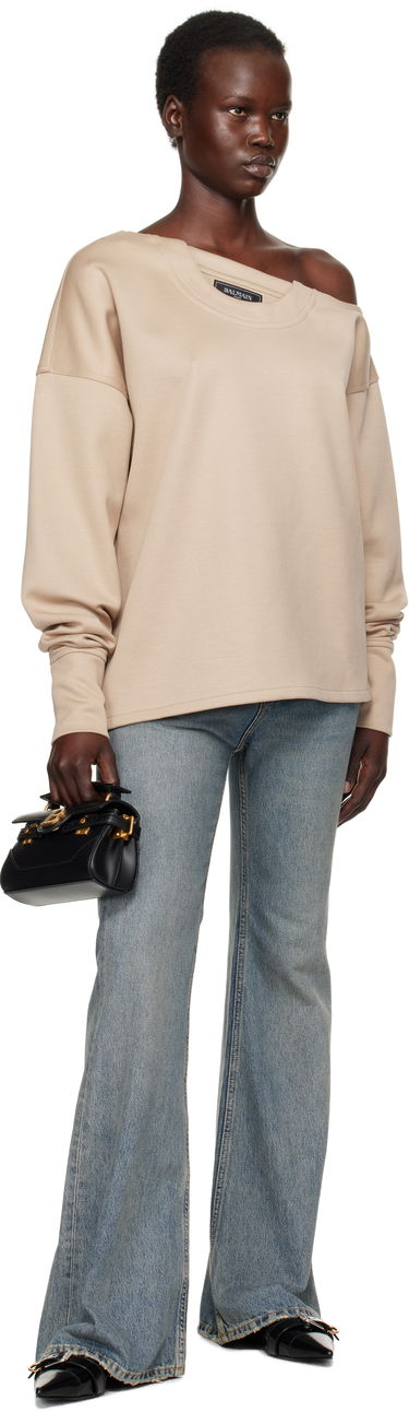 Пуловер Balmain Balmain Asymmetrical Jersey Off-The-Shoulder Sweatshirt Бежово | EF1HU301JJ69, 3
